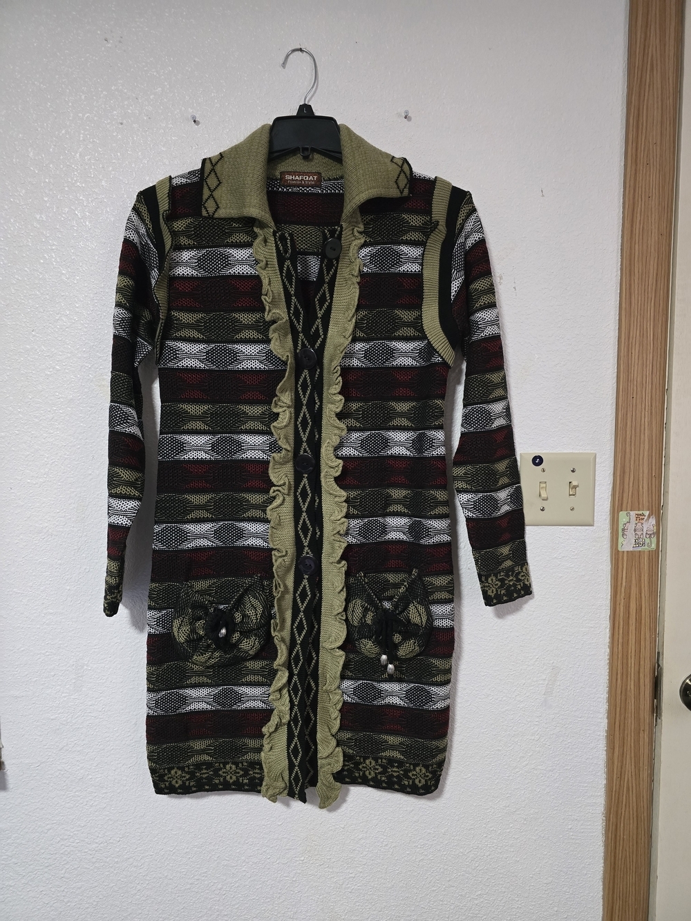 SHAFQAT Vintage Style Geometric Knit Longline Cardigan Sweater No Size Tag.